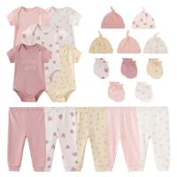 Kiddiezoom 19 PCS Newborn Baby for Boys and Girls Clothes Sets/Terno Gift Include 5 Sets Baby Gloves + 5 Sets Baby Hats/Caps + 5 Sets Baby Rompers/Onesies/Jumpsuits + 4 Sets Baby Pants Pure Cotton Ready Stock