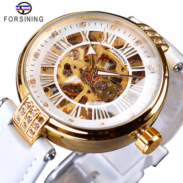 Original Forsining watch fashion golden skeleton diamond design red
