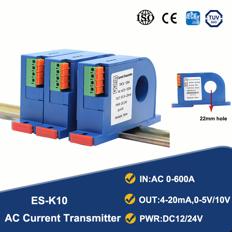 Cảm biến dòng điện xoay chiều 0-1000a đầu vào 4-20ma 0-5v 0-10v đầu ra 24v bộ chuyển đổi đầu dò lỗ 22mm nguồn máy phát dc24v