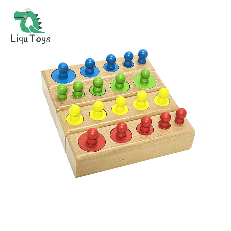 Giáo cụ montessori khối hình trụ có nút-6 chốt-đồ chơi học tập tại nhà sớm bằng gỗ nhiều màu sắc-bộ 4 cái