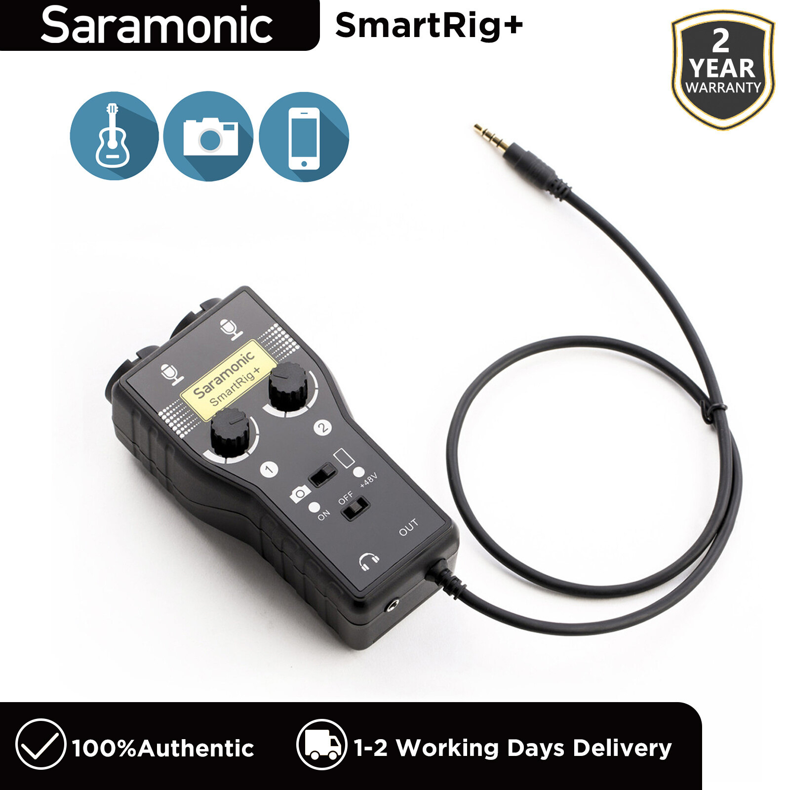 Saramonic smartrig + Giao diện micrô/Guitar để ghi âm, Bộ trộn micro âm thanh 2 kênh XLR/3.5mm, nguồn phantom 48V, áp dụng cho iPhone, iPad, iPod Touch, Android, máy ảnh DSLR, máy quay phim
