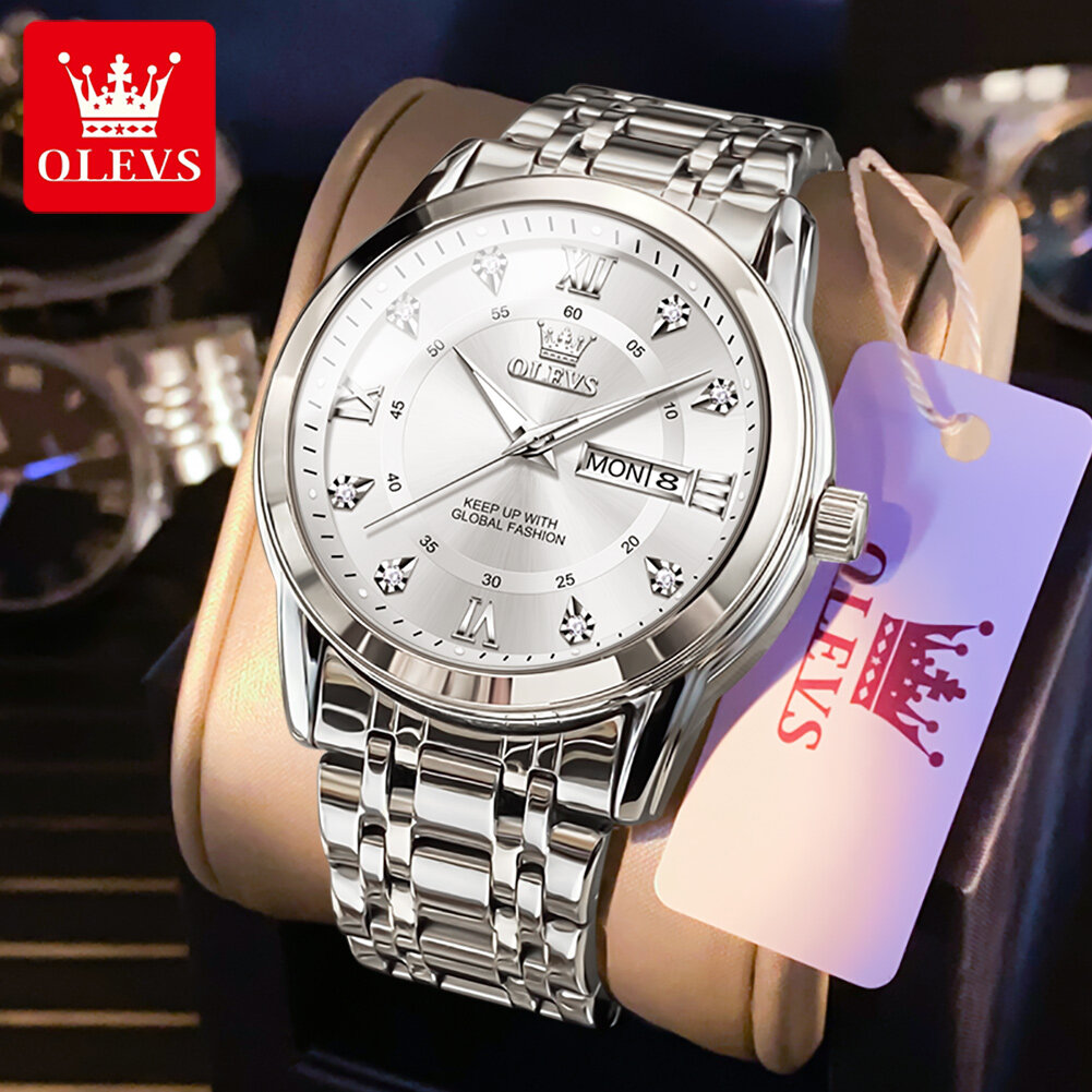 OLEVS Đồng hồ nam chính hãng Dây đeo bằng thép không gỉ chống nước phát sáng mới Lịch Thời Trang