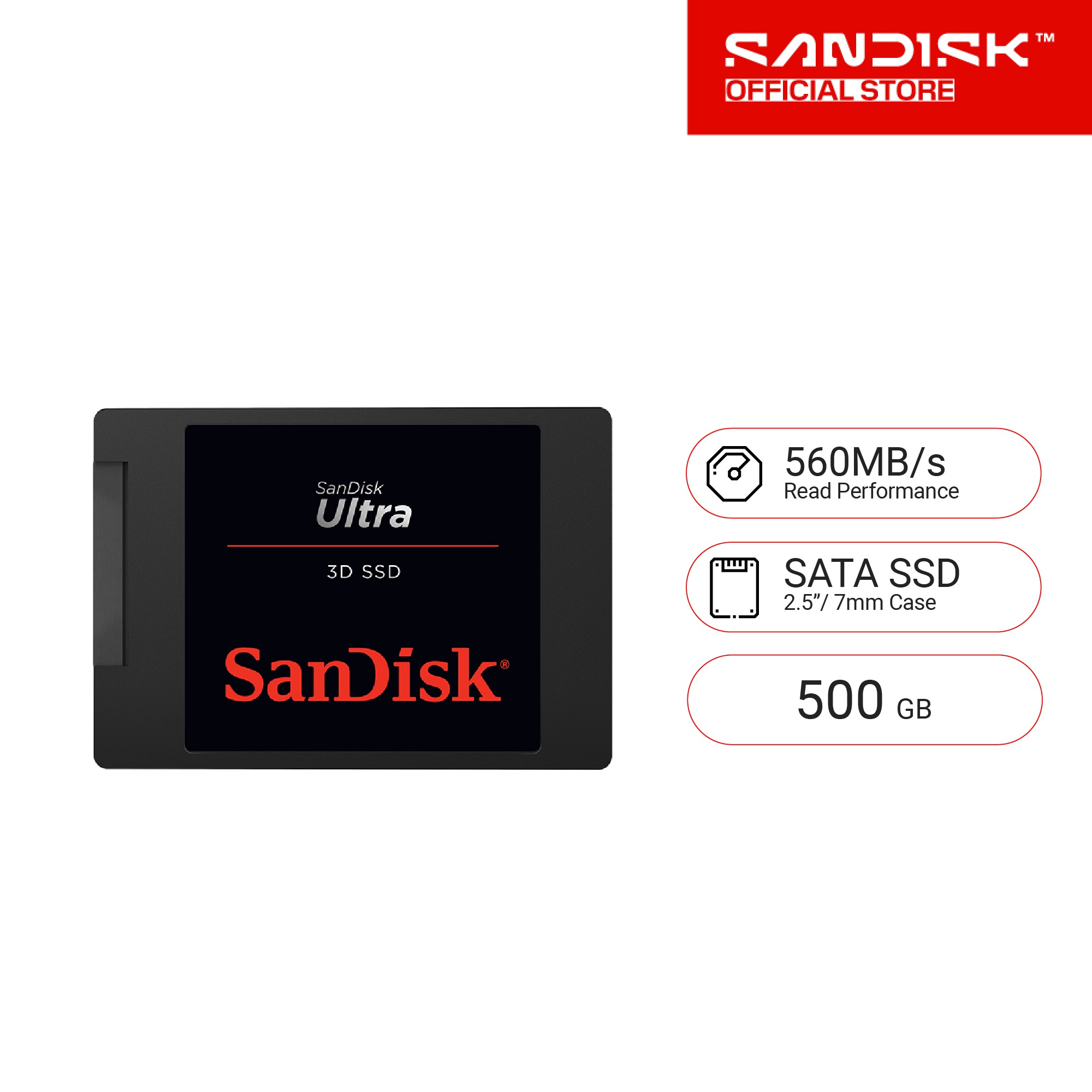 SanDisk Ultra 3D SSD (SDSSDH3-500G-G26) This 500GB internal SSD features 3D NAND technology, delivering read speeds up to 560MB/s and write speeds up to 510MB/s. ราคา 3,996 บาท*ส่งฟรี