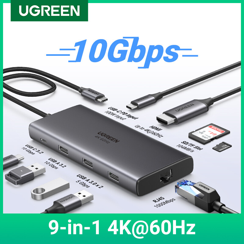 Ugreen 9-in-1 USB C HUB 4K60hz 10Gbps Loại C để HDMI RJ45 Ethernet pd100w