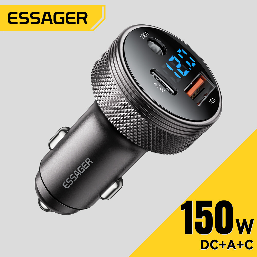 Essager 150W USB Car Charger For Xiaomi iPhone Samsung Laptops Tabet PD 3.0 Fast Charging USB Type C Digital Display Car Charger ราคา 198 บาท*ส่งฟรี