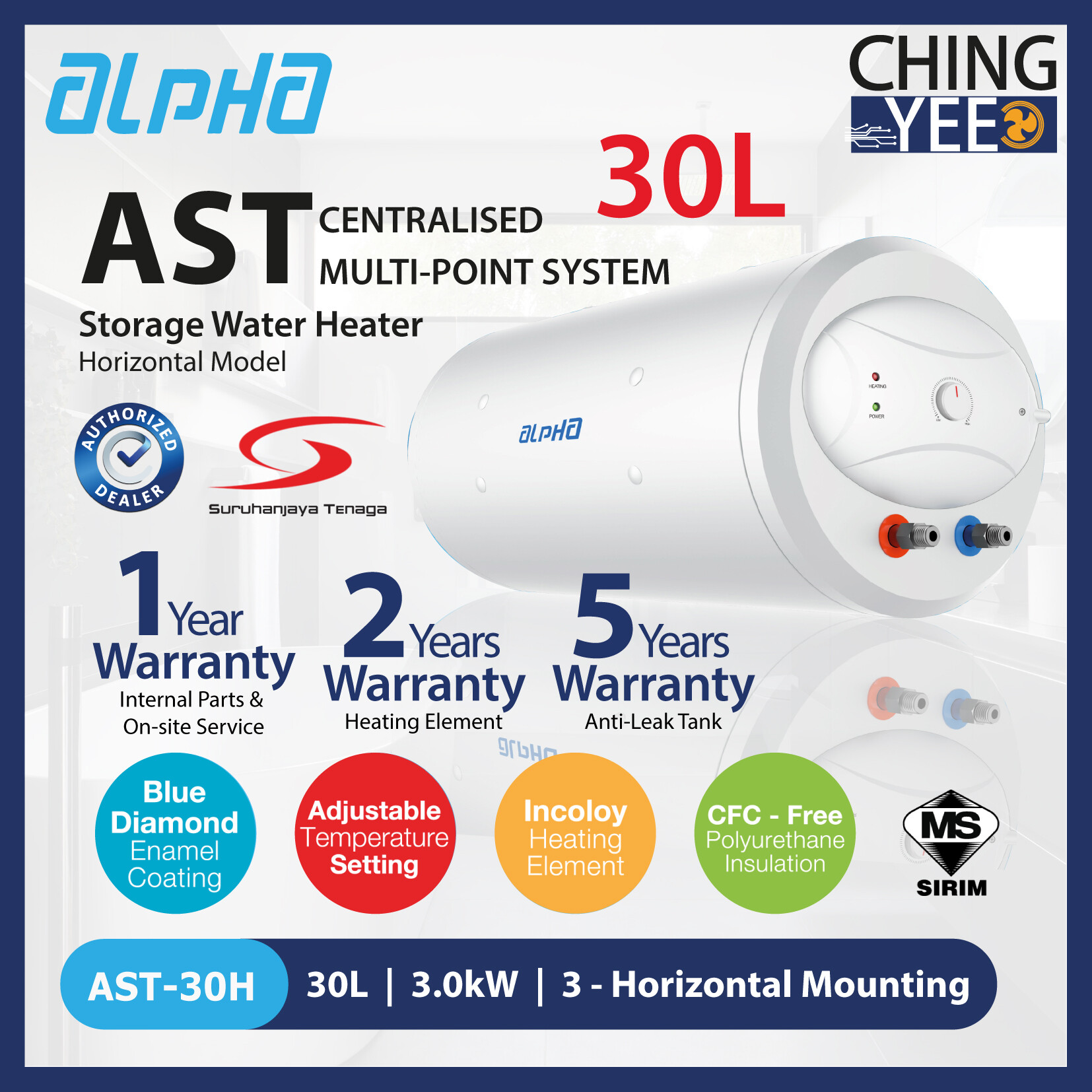 Alpha Storage Water Heater AST-40H 40L Horizontal Model Blue Diamond Enamel  Coating Adjustable Temp Incoloy Heating Element | Lazada