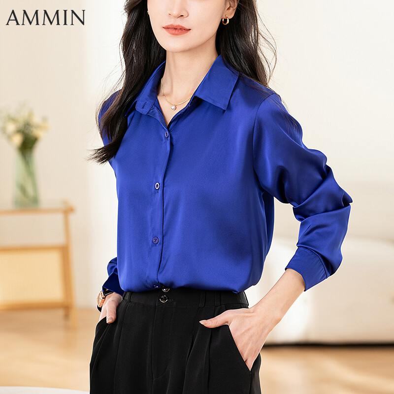 AMMIN 2025 Spring/Summer new lapel advanced natural vertical simple solid color long-sleeved chiffon shirt woman's Korean style single-breasted fashion commuting elegant blouse ราคา 372 บาท*ส่งฟรี
