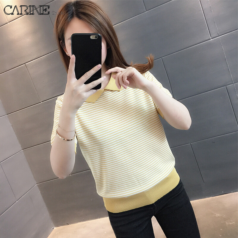 CARINE Women Polo Shirt Short Sleeve Stripe Tshirt Korean Casual Style Polo Collar Knitted Tops for Lady