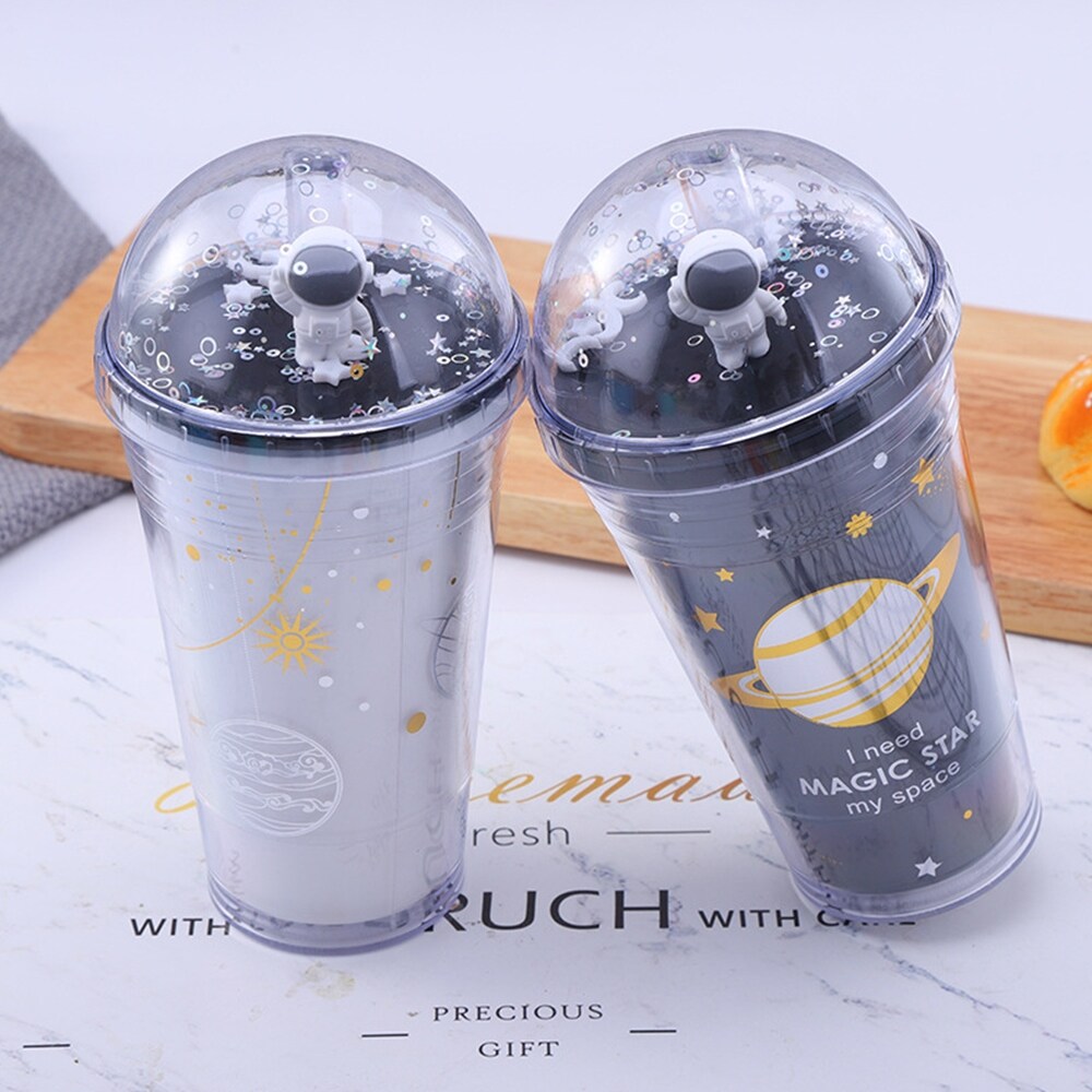 Gambar ?CW? Interstellar Wandering Astronaut Double layer Straw Cup 350ml 450ml CuteCup ForGirls Water Drink LeakBottle