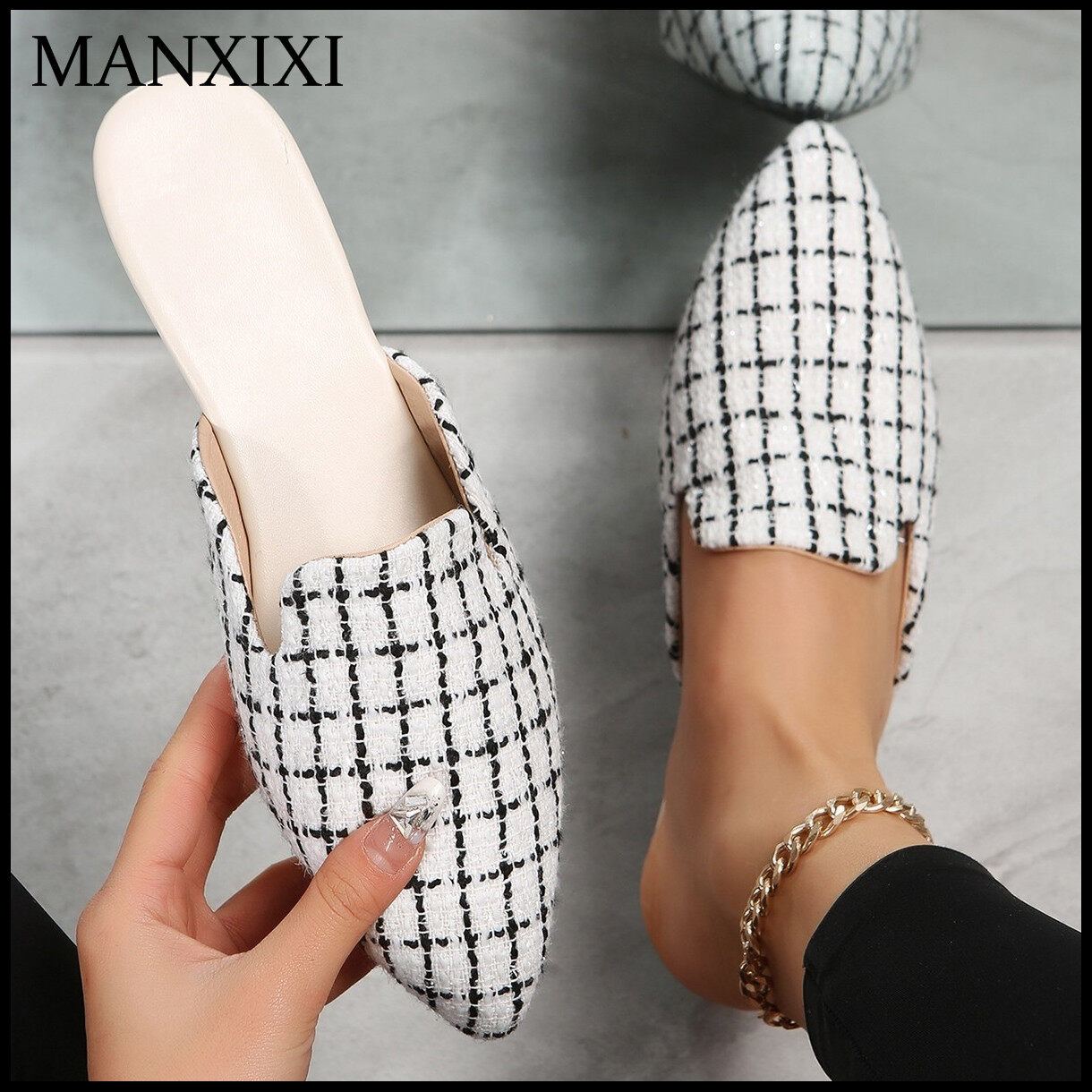 MANXIXI Women Fashion Loafers Beautiful Plaid Pattern Mules Leisure Flat Sandals (Size 35-43) ราคา 353 บาท*ส่งฟรี