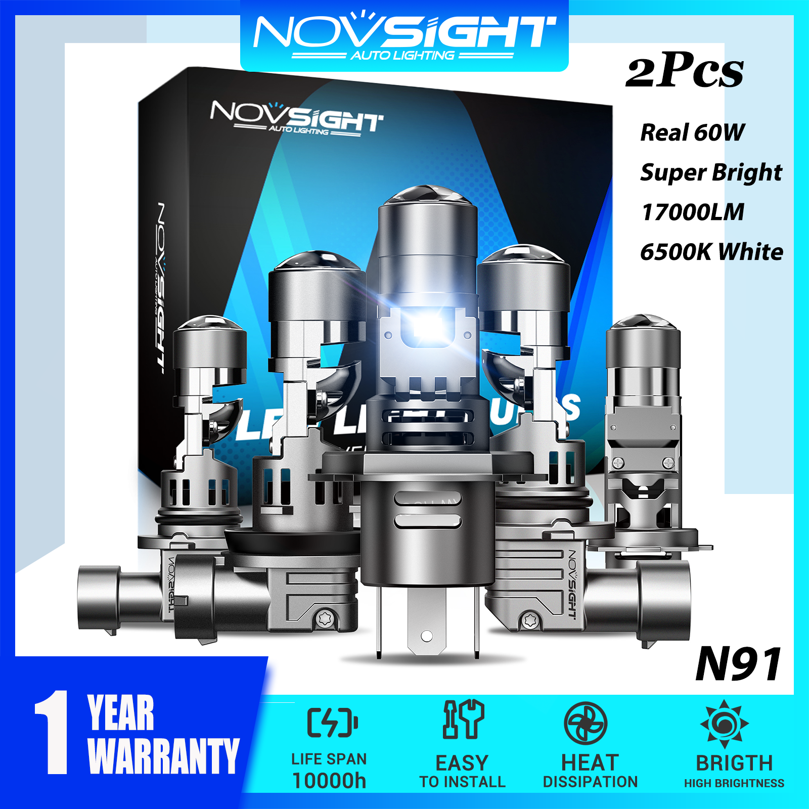 Ống kính máy chiếu 2 bóng Novsight N91 Đèn LED ô tô bóng đèn lớn 9005/HB3 9006/HB4 H4 H7 H11 Đèn LED cho ô tô Đèn sương mù chùm sáng cao/thấp 60W 17000LM 6500K Cắm và chạy siêu sáng Bảo hành 1 năm