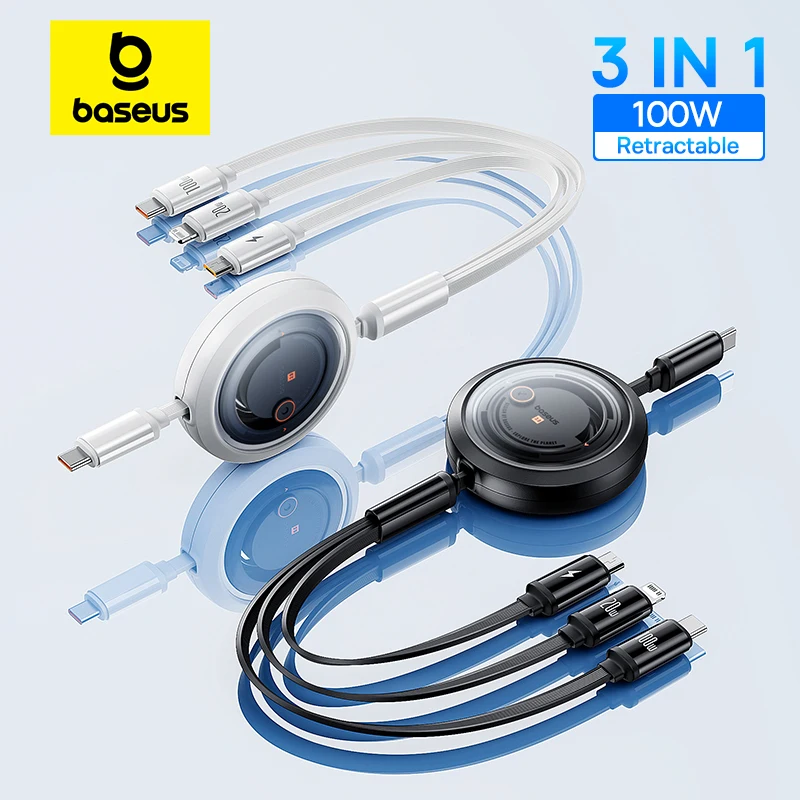 Baseus 100w 3 trong 1 có thể thu vào điện thoại usb cáp dữ liệu loại c cáp sạc nhanh cho iphone huawei xiaomi android micro