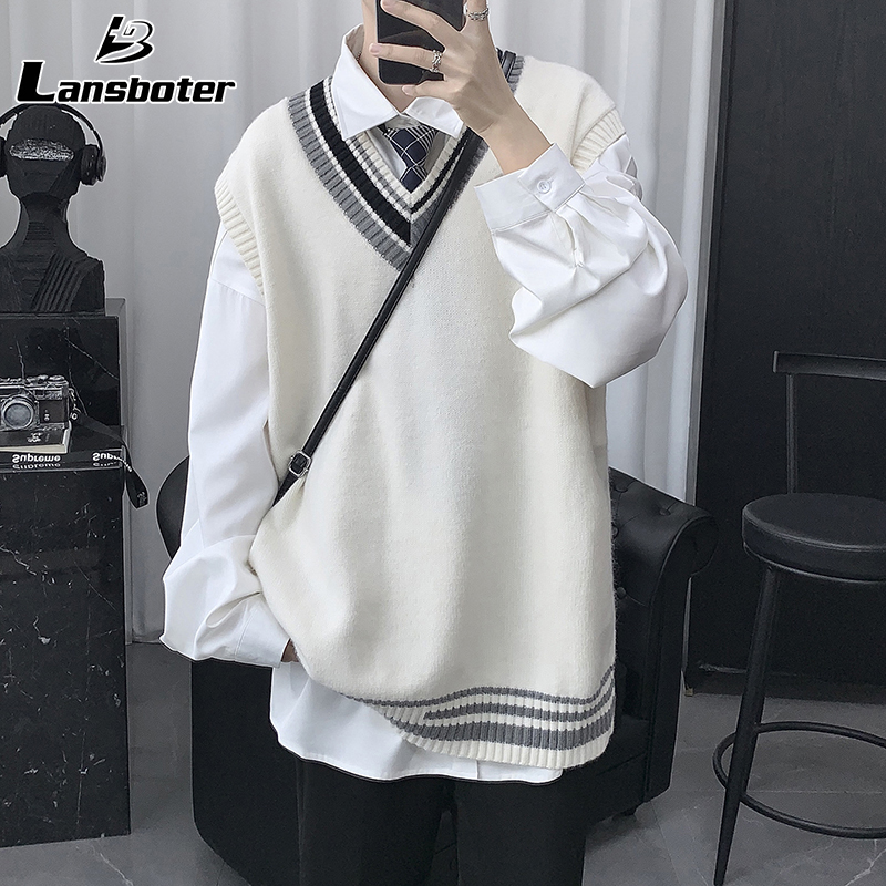 Lansboter áo vest nam áo gile nam áo ghi lê áo vest ca sĩ Áo Vest Nam Áo Vest Đan Cổ Chữ V Ins Áo Len Cộc Tay