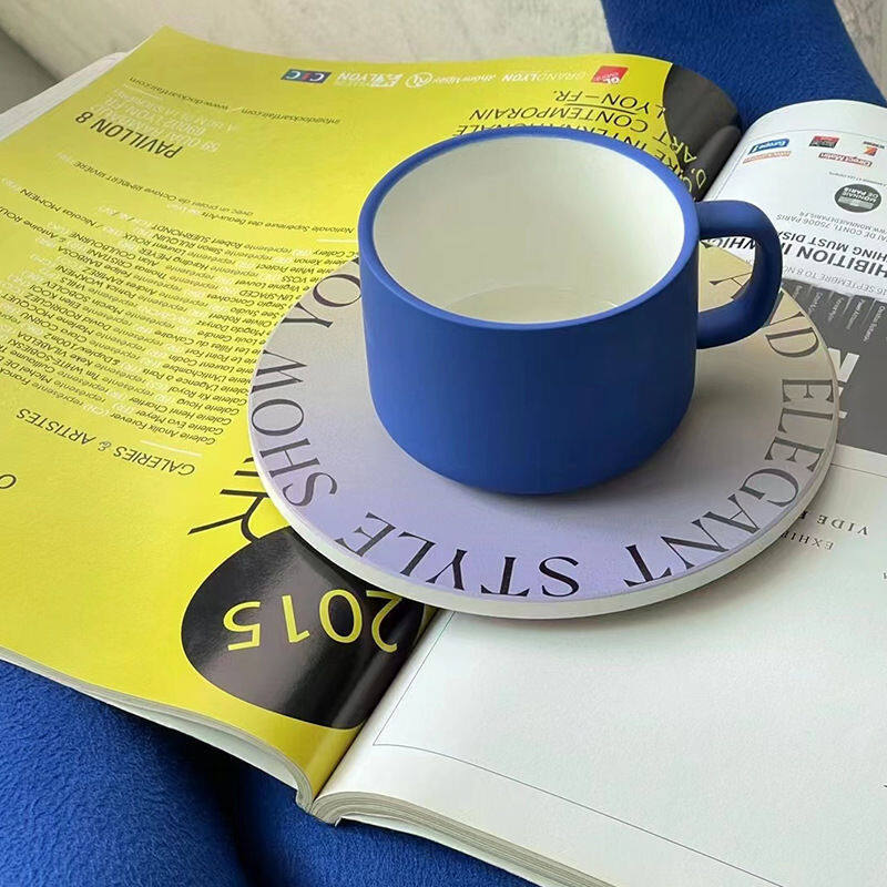 Gambar Ins Same Mug Klein Blue Solid Color Ceramic Coffee Cup Minimalist Water Cup with Coaster