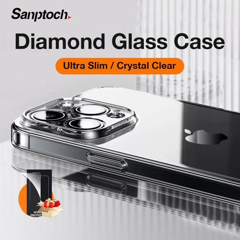 Sanptoch Kim Cương Glass Rõ Ràng Ốp điện thoại cho iPhone 1514 13 12 Pro Max Pha Lê Trong Suốt Bìa Đối Với iPhone 15 Plus chống sốc mỏng cứng bảo vệ Vỏ