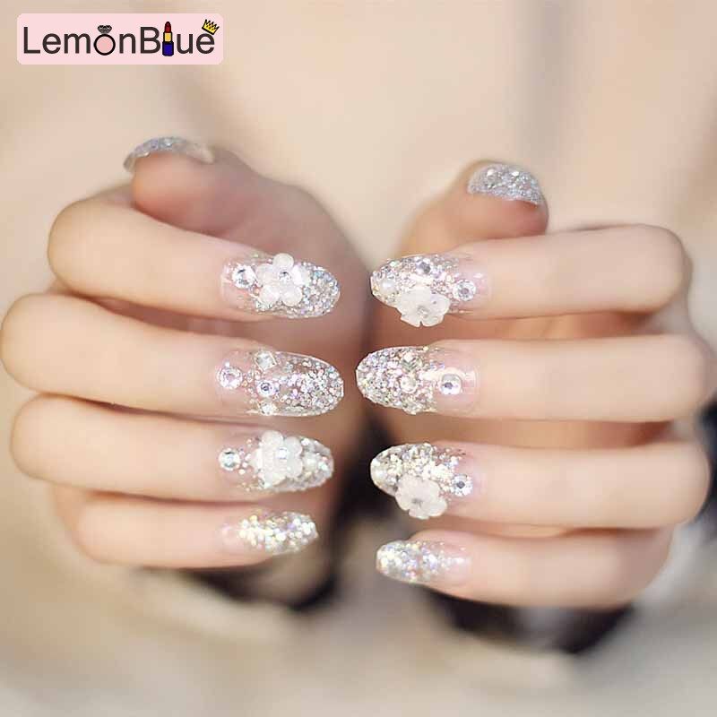Gambar LemonBlue 3D Women\ s French Bridal Wedding Nails Rhinestones False Nail Art Design Acrylic Full Fake Nail Tips For Bride