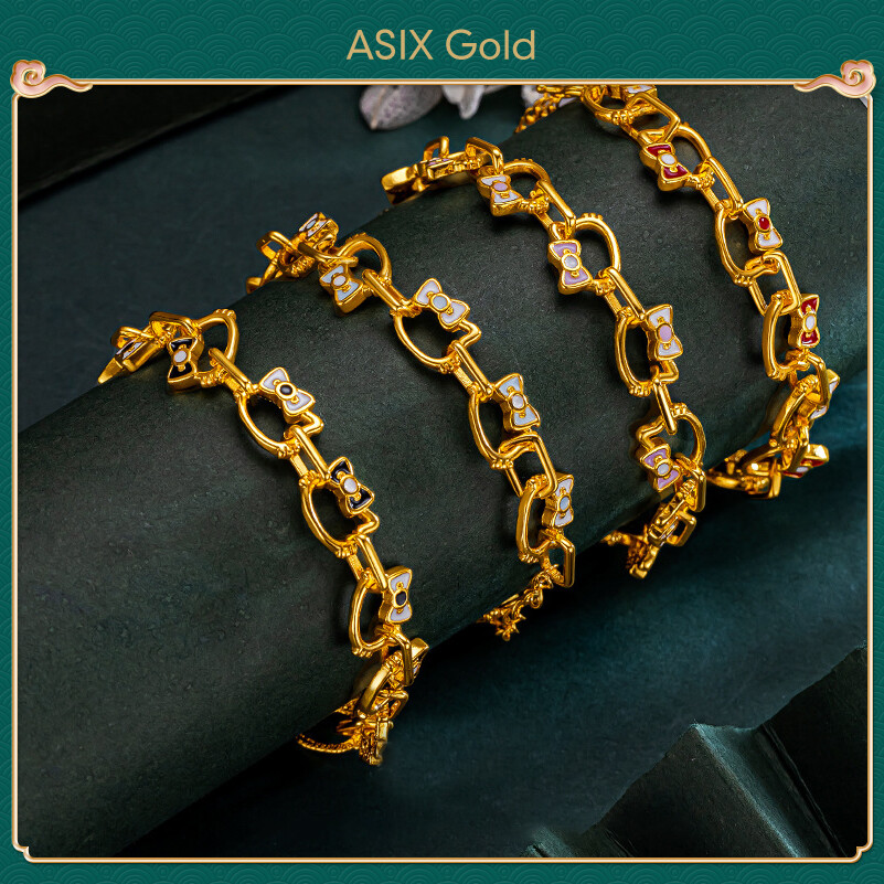 ASIX GOLD 916 gold cute cat bracelet 18K gold Korean fashion cute girly pink enamel bracelet for women Lucky bracelet Won't blacken Won't peel Wedding holiday New Year's gifts ราคา 303 บาท*ส่งฟรี