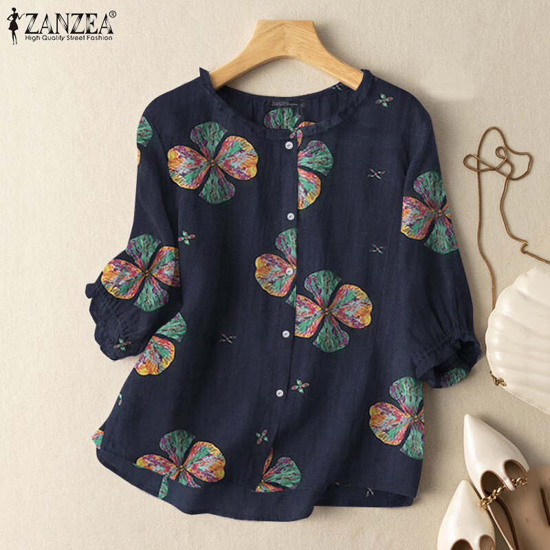 ZANZEA Womens Vintage Cotton Button Up Shirts Floral Printed 3/4 Sleeve  Blouse #2