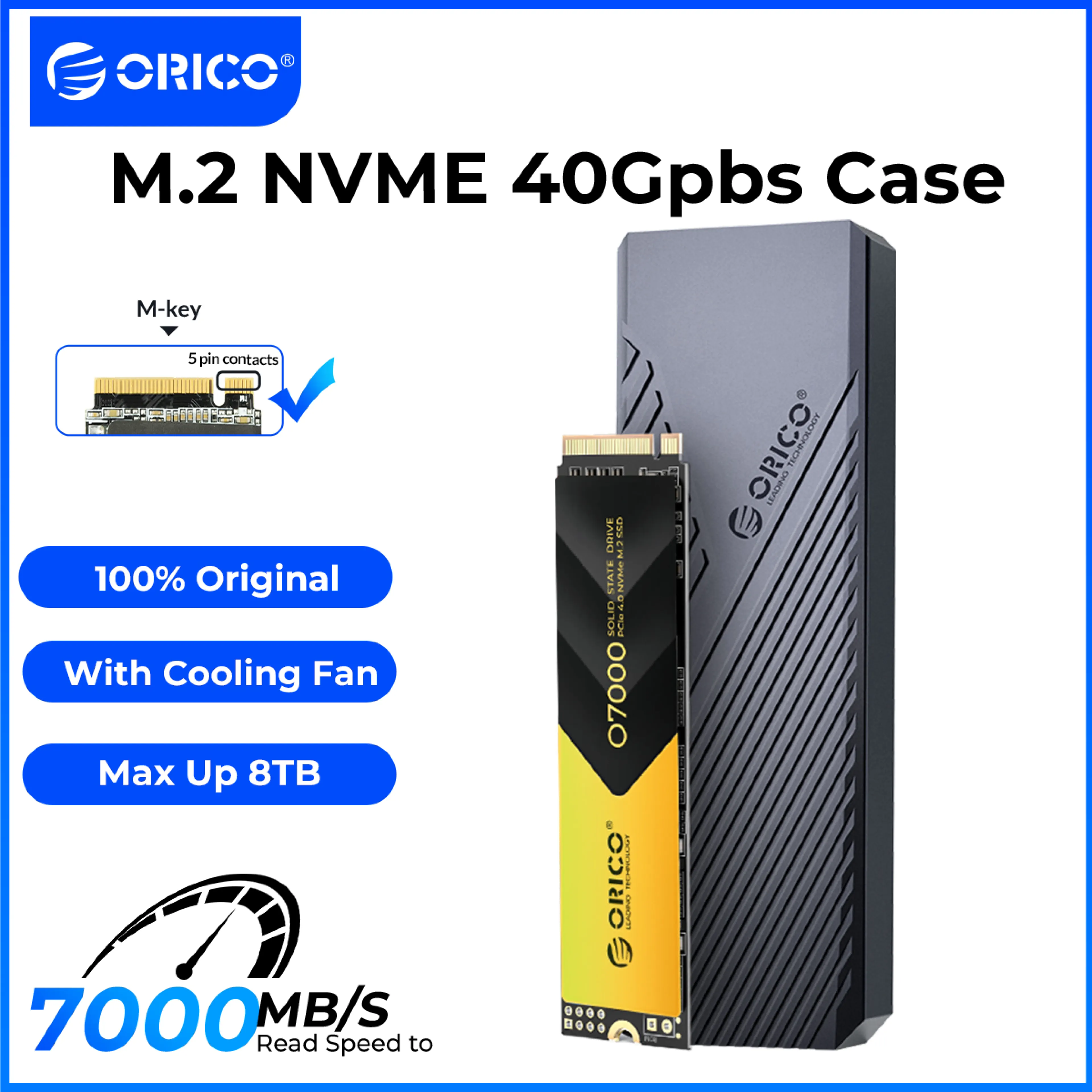 ORICO 7000MB/S M.2 NVME Enclosure USB4 40Gbps with Cooling Fan Max up tp 8TB SSD PCIe4.0 Compatible Thunderbolt 3/4
