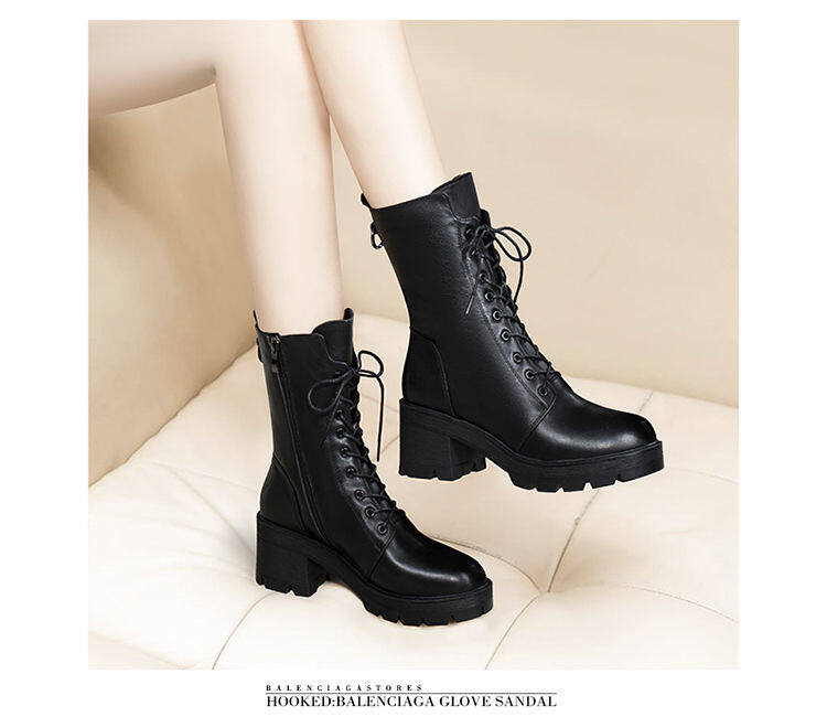 2020 new Martin boots women thick heel lace up mid-tube boots women flat bottom autumn and winter shoes mid thick heel non-slip military boots