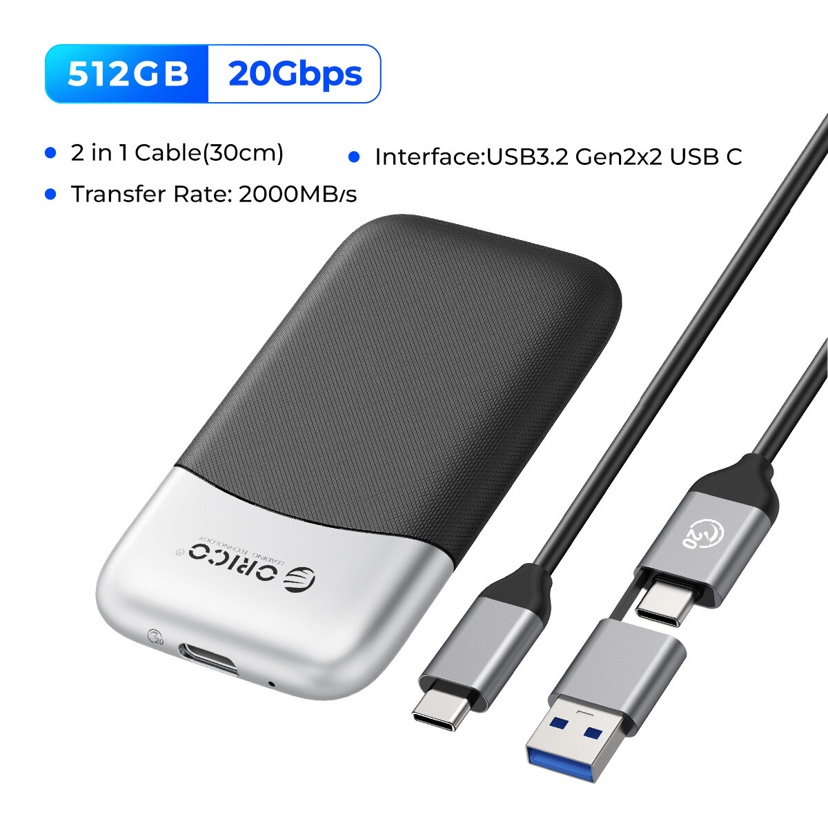 ORICO di động SSD 2000 MB/giây bên ngoài ổ cứng lưu trữ thể rắn 2TB 1TB 512GB USB 3.2 Gen2 Loại C ps