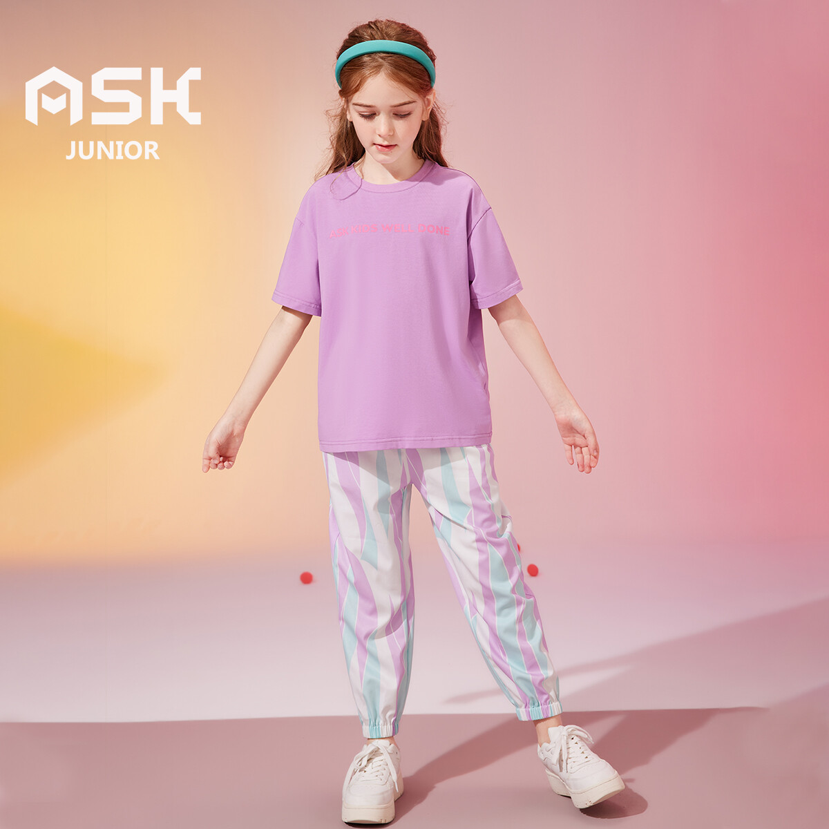 ASK JUNIOR Cô Gái 4-15 Tuổi Cô Gái Phù Hợp Với mỏng mùa hè Trẻ Em Giản Dị T-Shirt quần sọc Thể Thao Hai bộ chi tiết
