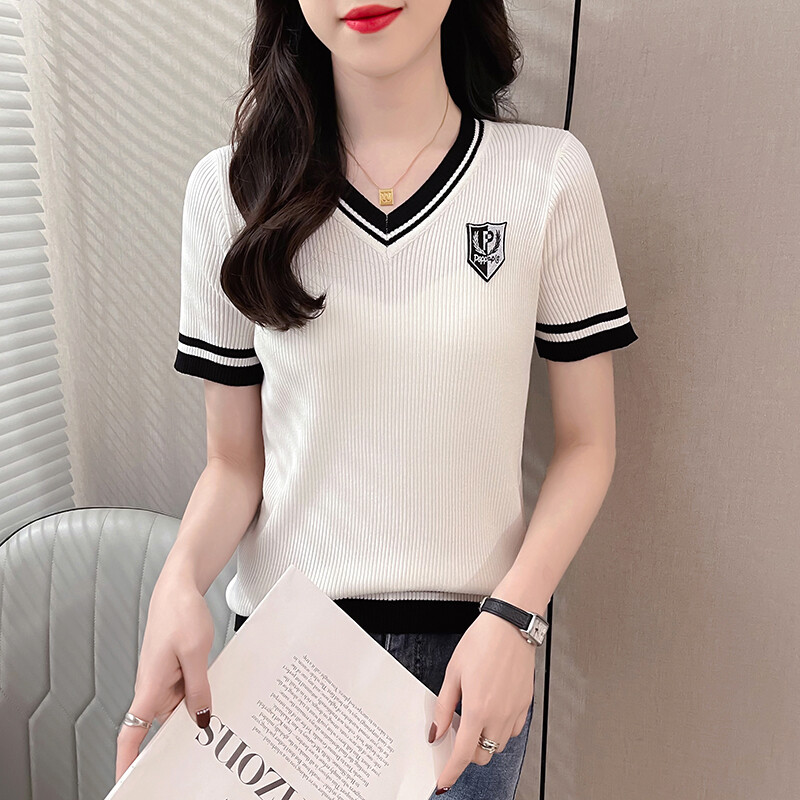  LUCKIN Áo Thun Nữ Mùa Hè Hàng Hiệu Cho Phụ Nữ Tay Ngắn Áo Phông Cổ Chữ V Mới Đa Năng Màu Tương Phản Cỡ Lỡn 