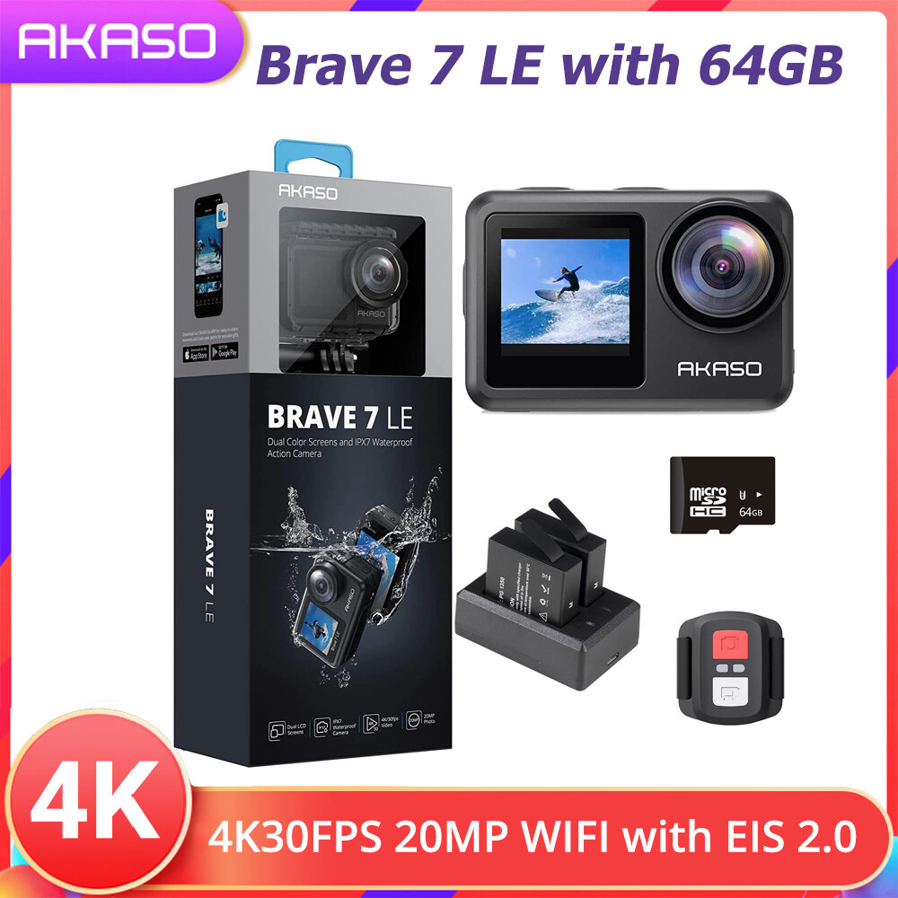 AKASO Brave 7 LE 4K30FPS 20MP WiFi Action Camera with Touch Screen EIS 2.0 Zoom Remote Control 131 Feet Waterproof Camera Support External Microphone + 64GB U3 MicroSDXC Memory Card (Bundle) ราคา 4,769 บาท*ส่งฟรี