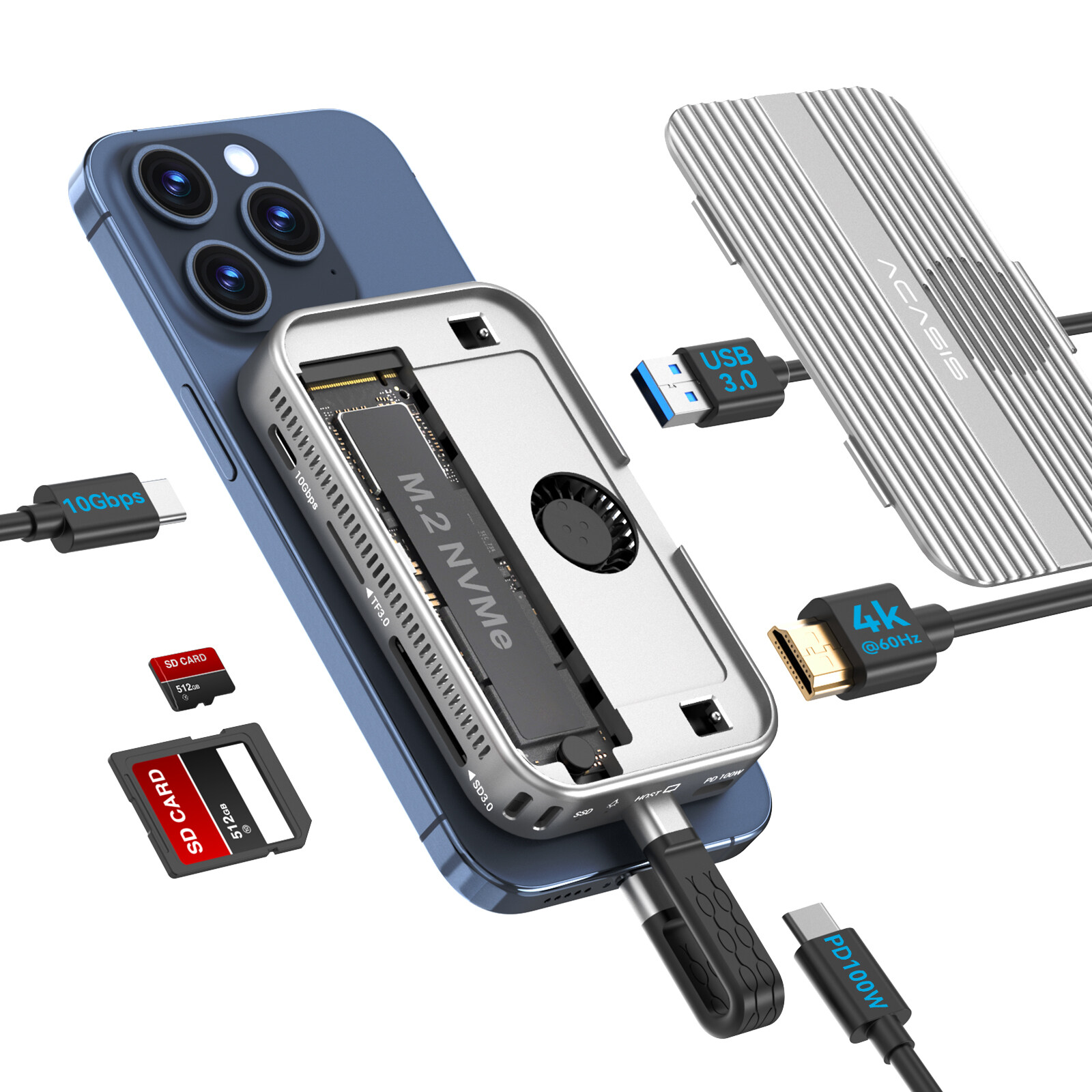 Acasis iPhone 17 16 15 Pro Pro Max Cộng Với Prores,10Gbps M.2 NVMe SSD Bao Vây & USB C trạm nối Với quạt tản nhiệt Cho công cụ miễn phí Cài Đặt hỗ trợ kích thước SSD 2230 2242 2260 2280 B + M m-key ,Đối với điện thoại và máy tính bảng Android ...