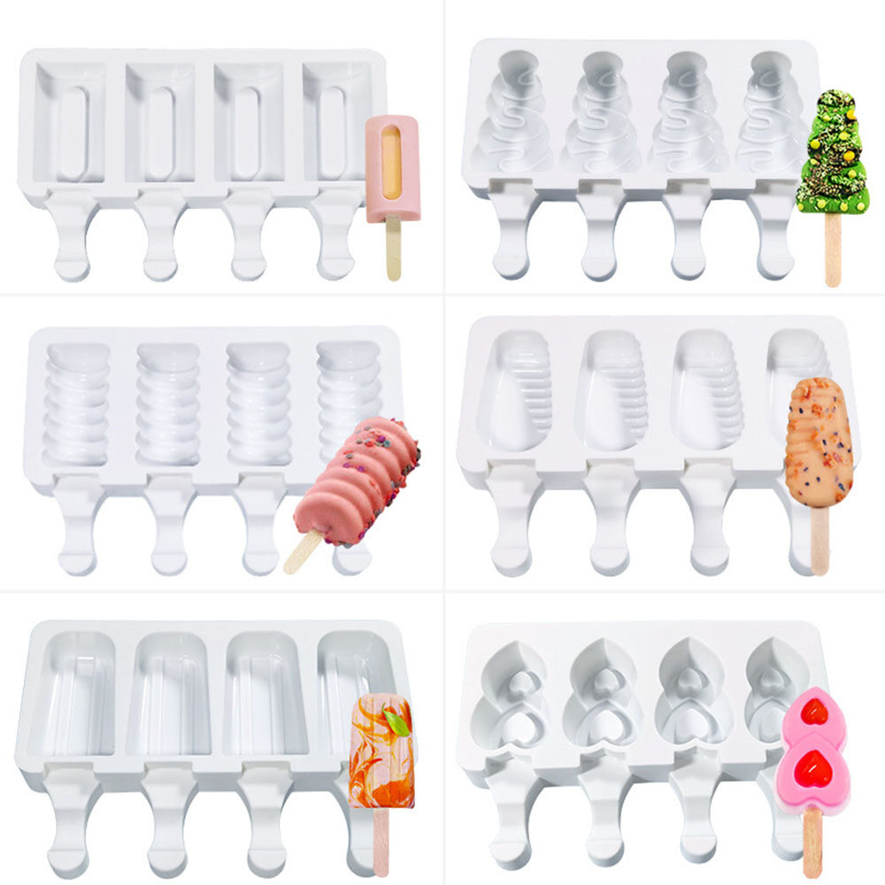 Gambar 4 Cell Silicone Ice Cream Mold Ice Pop Cube Popsicle Barrel Mold Dessert Freezer Juice DIY Mould Maker Tools with Popsicle Stick Love Heart Water Drop Rhombus Christmas Tree Mold