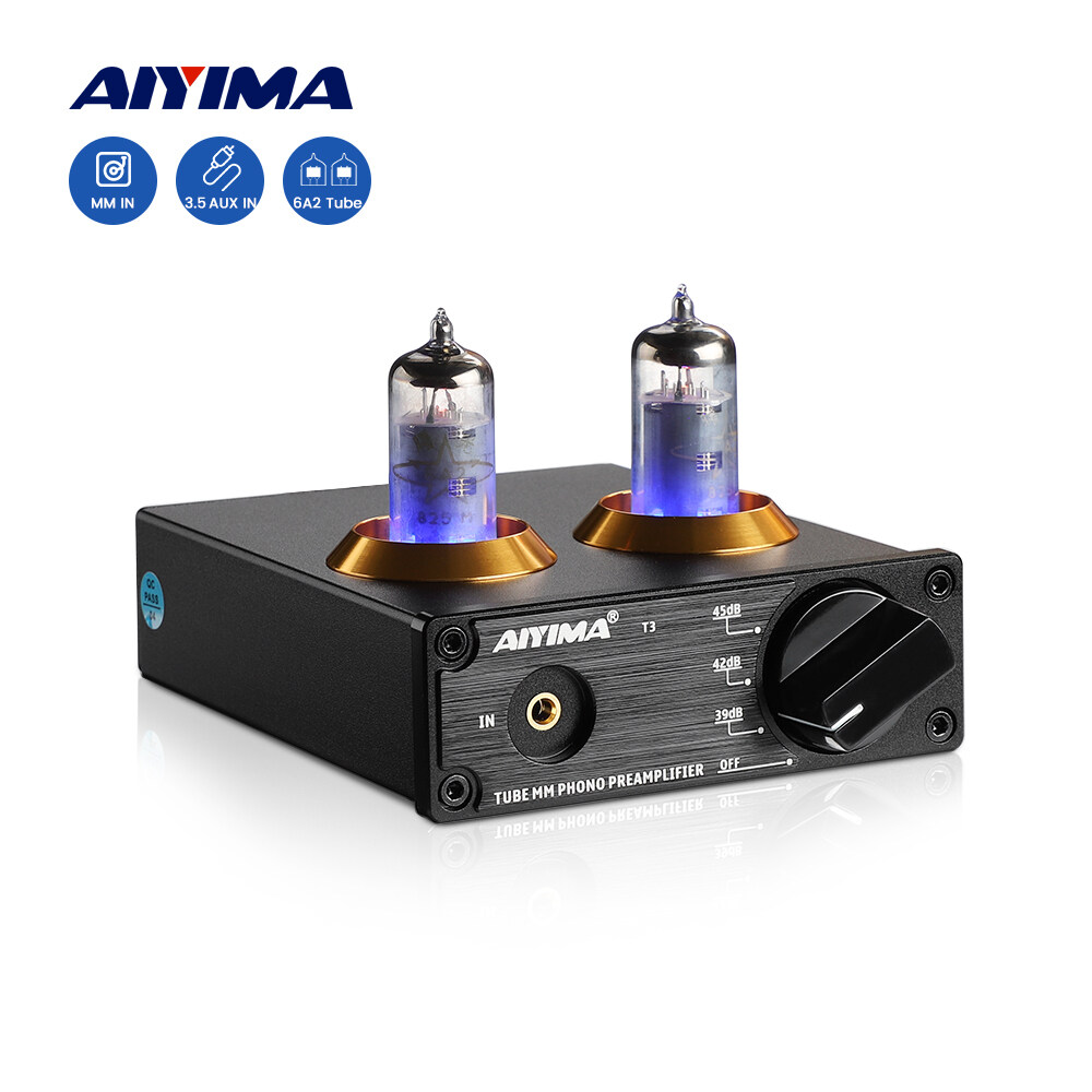 AIYIMA T3 6J2 Tube HiFi Vacuum MM Phono Preamplifier Vinyl Record Player Stereo Tube Preamp Amplifier Turntable Phonograph DIY 12V