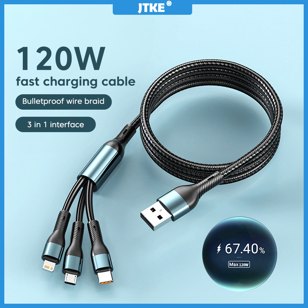 3 trong 1 120W dữ liệu sạc nhanh dây sạc Adapter Micro USB Loại C sét cho Samsung điện thoại Android Cáp Micro USB dây