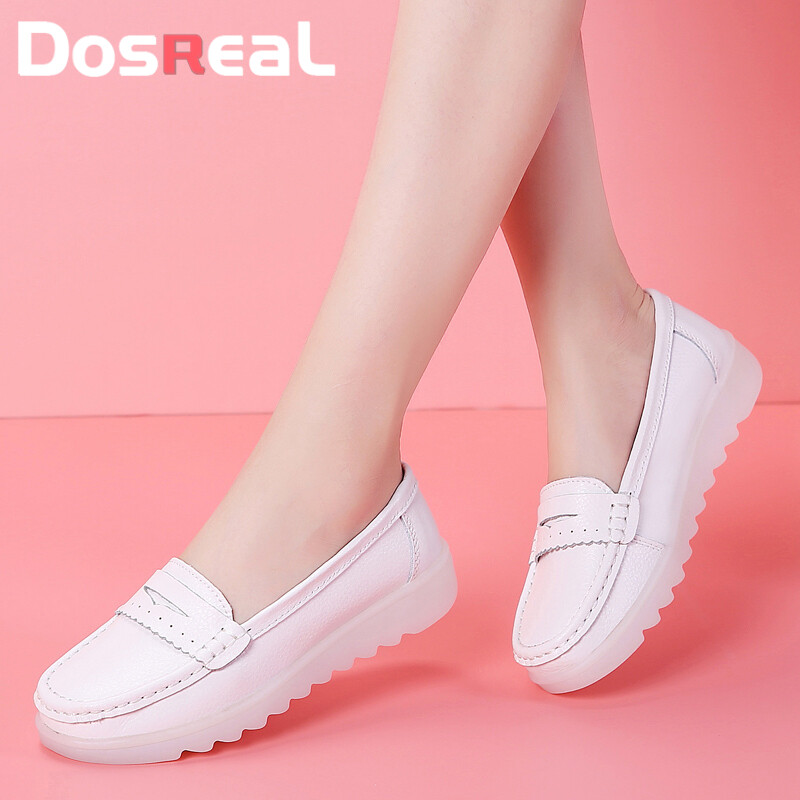 DOSREAL White Shoes for Women Nursing Shoes Korean Style Genuine Leather Soft Sole Woman Flats Nurse Shoes Hospital Non Slip Doll Shoes for Ladies Loafers ราคา 438 บาท*ส่งฟรี
