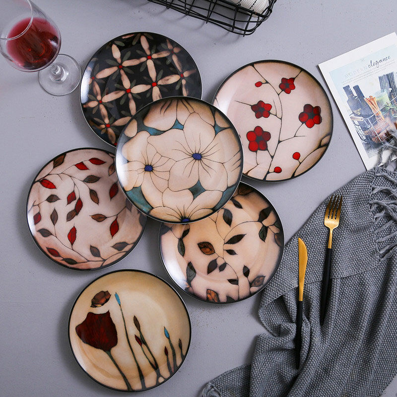 Gambar 8 Inches Beautiful Japanese Style Ceramic Dining Plate, Flat Dinner Dessert Plate Decoration Dish Set (Kiln Transmutation)