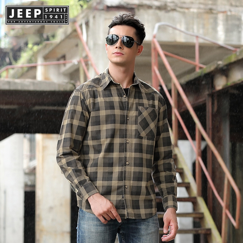 Jeep Spirit 1941 estd new men's military style long sleeved shirt with breathable, comfortable and versatile fashionable lapel design