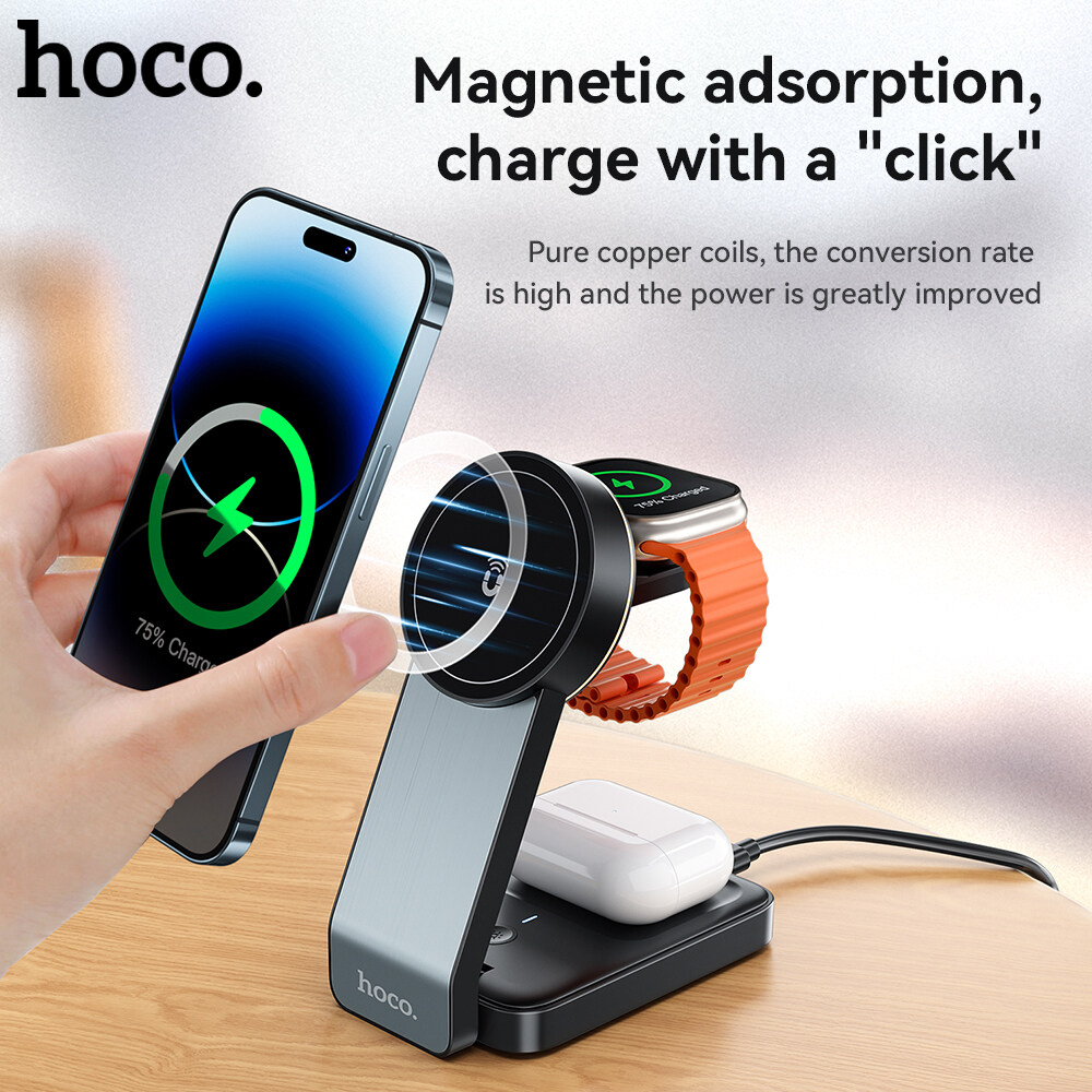 Hoco chính hãng 100% cq3 xe máy gấp 3 trong 1 sạc nhanh không dây từ tính tương thích MagSafe không dây 15W cho iPhone 14 cho iPhone 13 12 &amp; Apple Đồng hồ 1-8