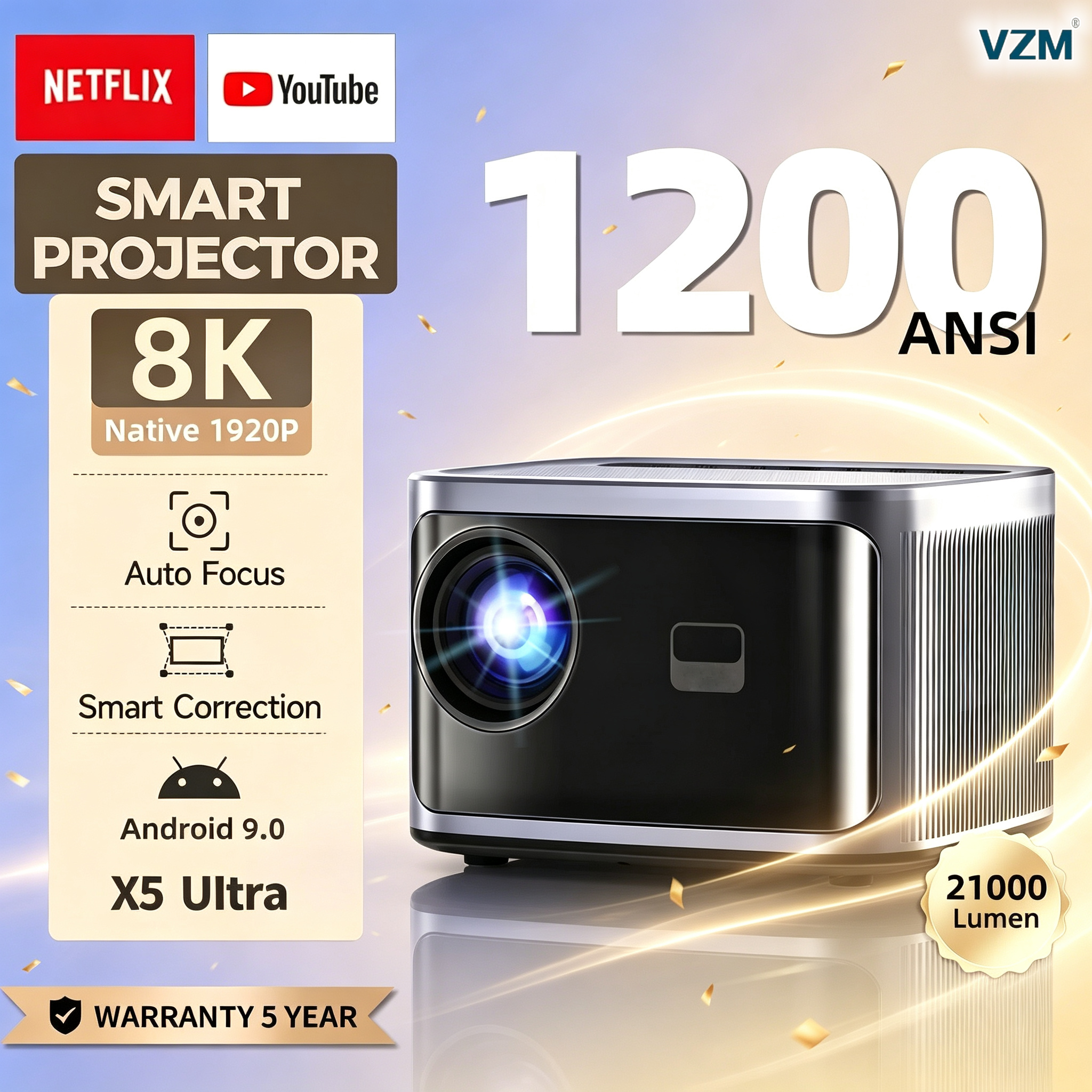 VZM&FINETX X5 Ultra Projector Native 1080P Full HD 1200 ANSI Lumens, Rated 21,000 Lumens, Android 9 Smart Projector, 2GB+32GB, Dual Band WiFi Bluetooth 5.1, Auto Focus, 4-Corner Keystone, 40-350 Inch Home Theater Office Projector