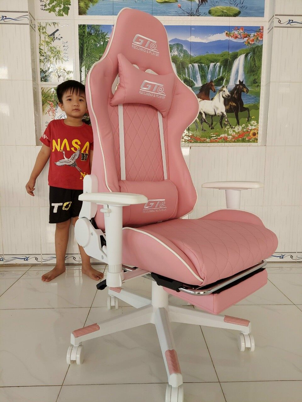 Ghế gaming, streamer màu hồng, da pu cao cấp, đem lại cảm giác thoải mái, hàng nhập khẩu