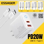 Essager pd20w Bộ sạc Type-C + USB-A cổng kép sạc di động sạc nhanh pd20w sạc + C-C/A-C/A-L/A-M sạc nhanh Bộ dây cáp Bộ sạc cho iphone17-5 Samsung Huawei Xiaomi