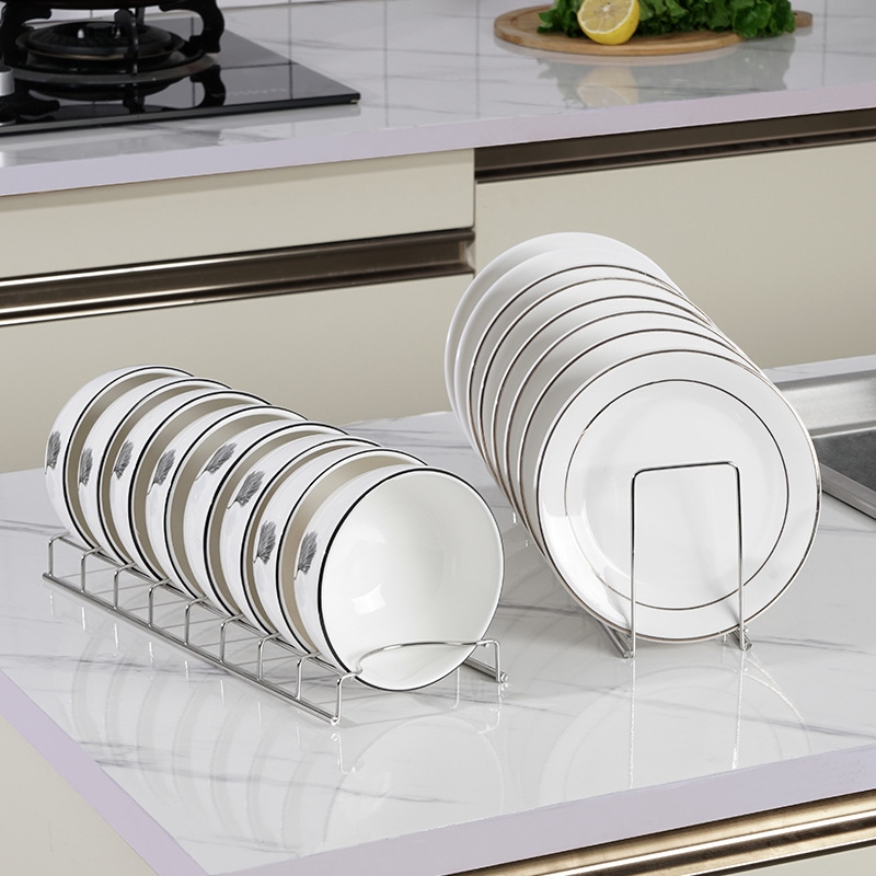 Gambar Plates Pan Countertop 7 Slots Shelf Kitchen Pot Lid Holder Dish Rack Drying Stand Stainless Steel Sink Draining Bowl Storage