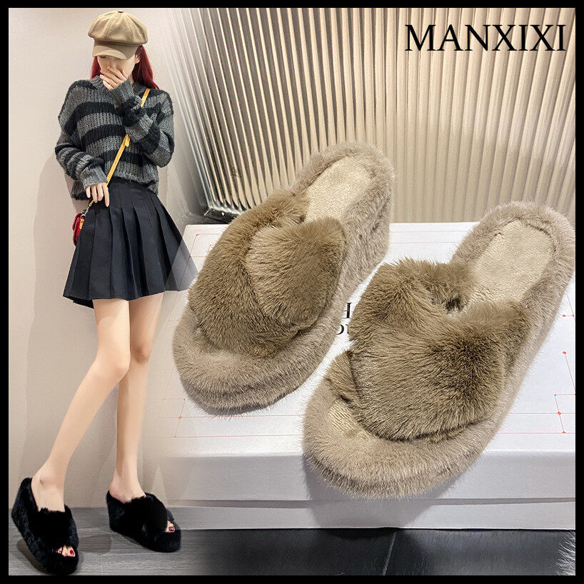 MANXIXI Fashion Women Wedge Heels 3.54 Inches Beautiful Warm Rabbit Fur Sandals (Size 35-40) ราคา 479 บาท*ส่งฟรี