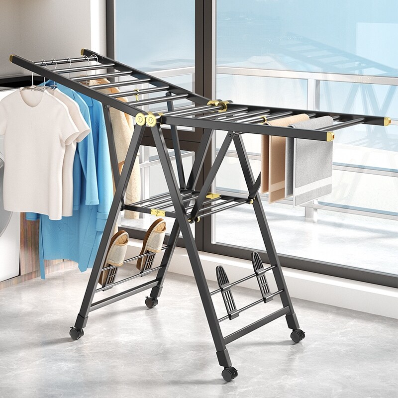 Gambar Clothes horse folded inside the bedroom balcony landing home baby black wing model by drying the quilt cool clothes pole