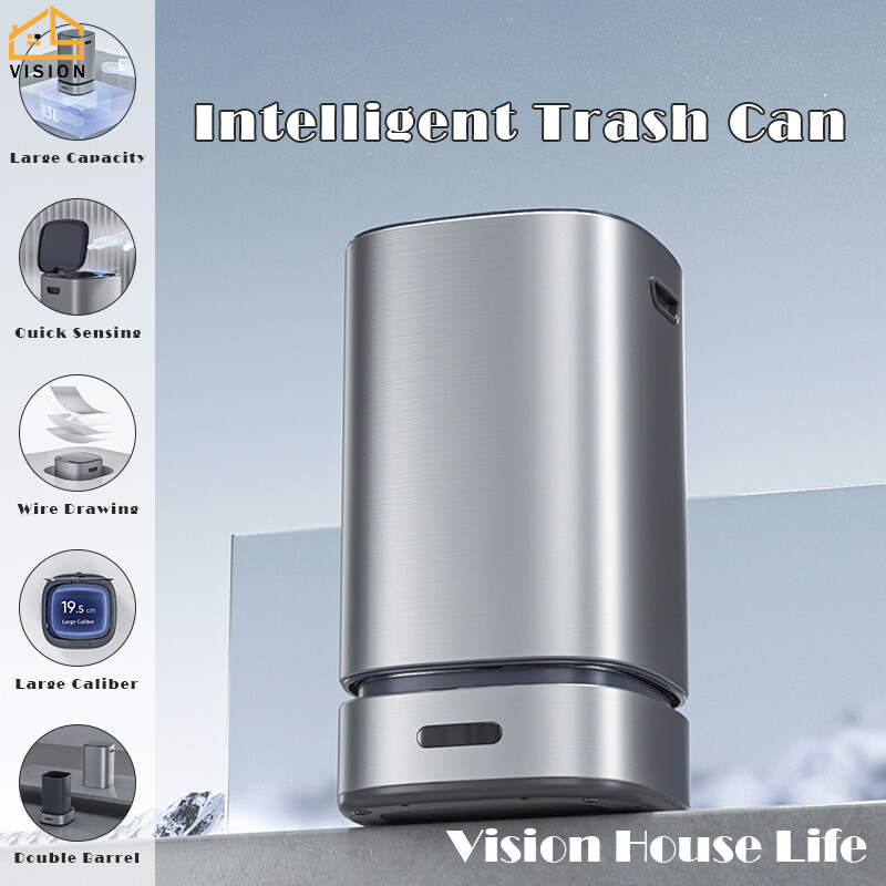 Vision 13L Intelligent Automatic Trash Can Fully Automatic Packaging Garbage Can with Removable Inner Bucket Household Living Room Bathroom Office Stainless Steel Wastebasket Smart Motion Sensor Touchless Waste Bin (Silver/White) ราคา 214 บาท*ส่งฟรี