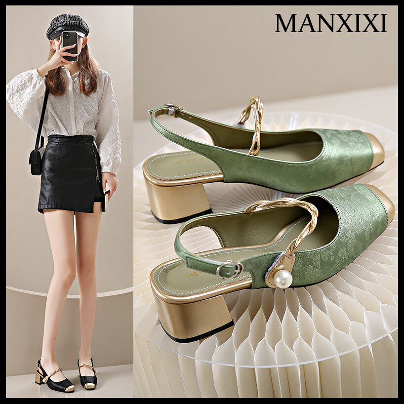MANXIXI Fashion Women Mid Heels 5.5 cm Loafers Beautiful Pearls Mules Sandals (Size 34-40) ราคา 563 บาท*ส่งฟรี