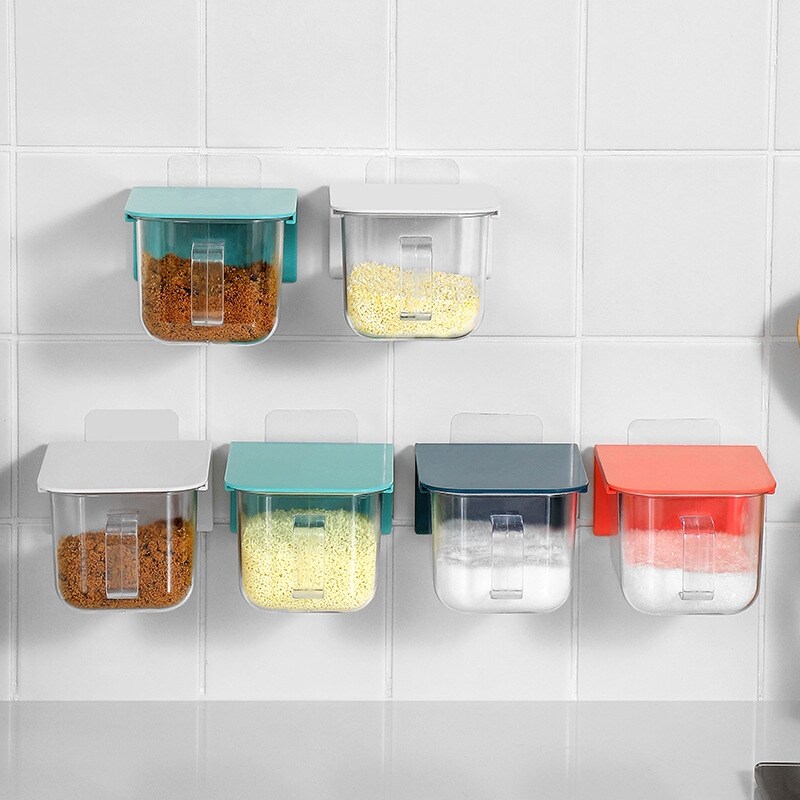 Gambar Wall mounted Seasoning Box With Spoon Moisture proof And Dust proof Kitchen Storage Sealed Lid Can Spice Tools