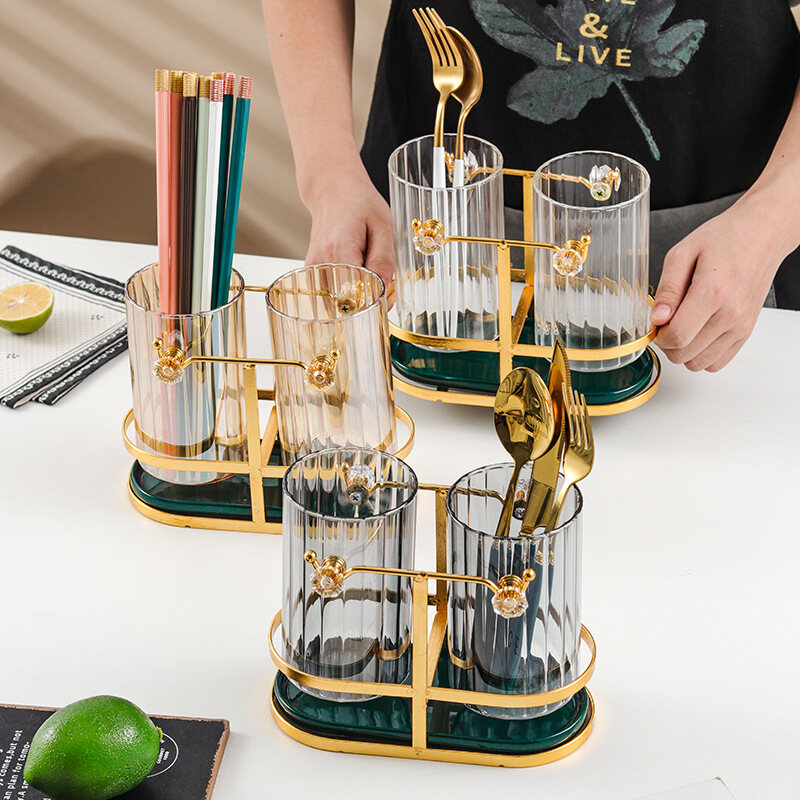 Gambar Colour Grey Amber Transparent  Drain Chopstick Tube Chopstick Rest Tableware Chopsticks Fork Spoon Storage Rack Wrought Iron Glass Double Tube Light Luxury European Style Storage Chopstick Cage