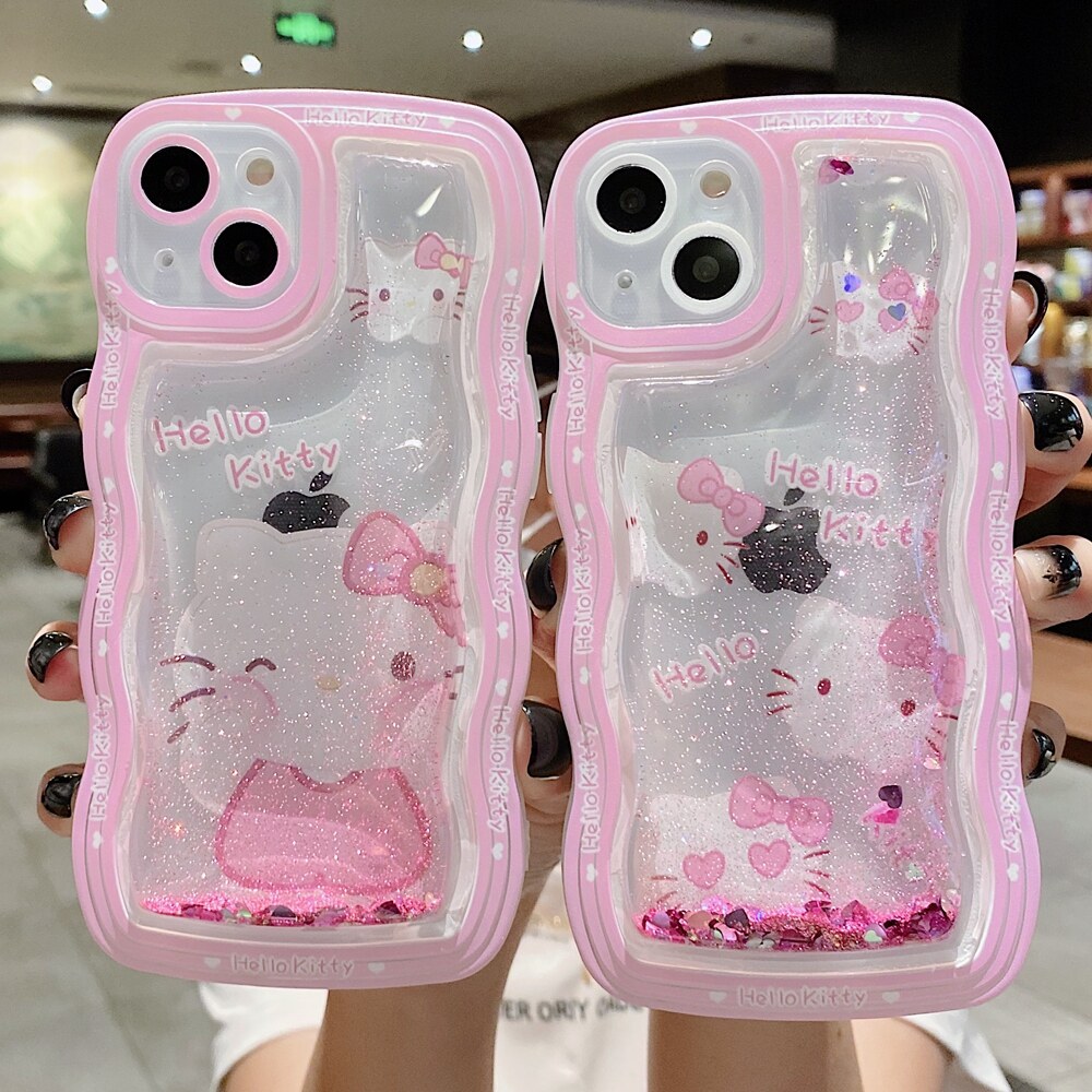 Cute Cartoon Hello Kitty with Liquid QuickSand Phone Case for iPhone 13 Pro  Max 13 Shockproof Hello Kitty Phone Cover for iPhone 12 Pro Max 12 My  Melody Kuromi Soft Phone Shell