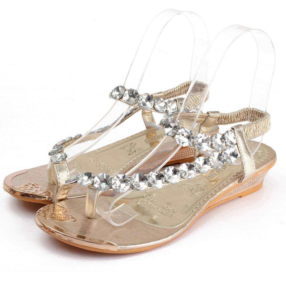 BODOAO Women Bohemia Sandals Ladies Bling Flower Crystal Flat Sandals Beach Casual Shoes 