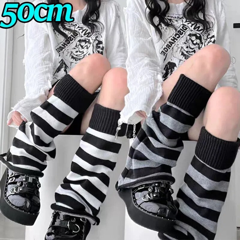 Lolita sọc làm ấm chân phụ nữ dài Vớ len dệt kim chân che tất tay Y2K đan móc mùa đông Vớ cổ cao tất kiểu ủng không che bàn chân vớ