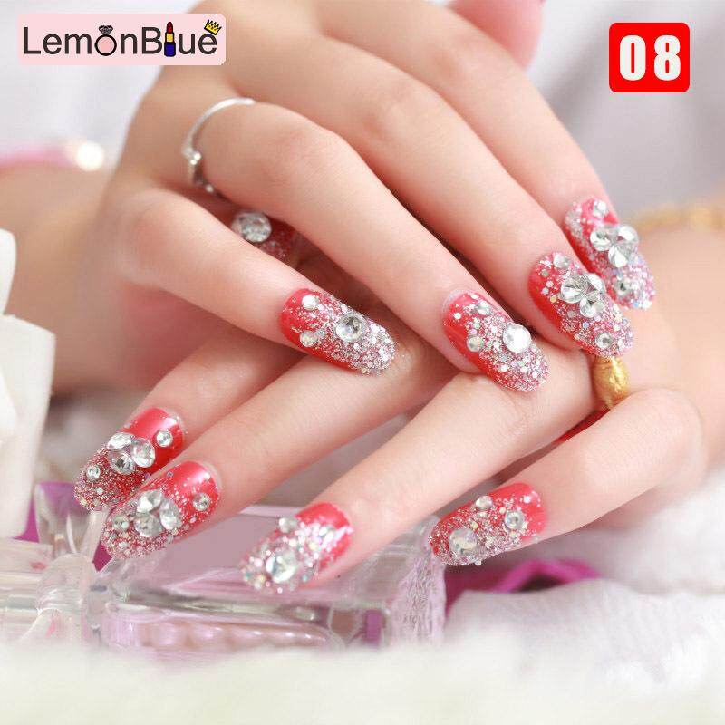 Gambar Lemonblue 24Pcs Wanita Kuku Palsu Telus Bunga Manik Hiasan Diy Pengantin Kuku Palsu
